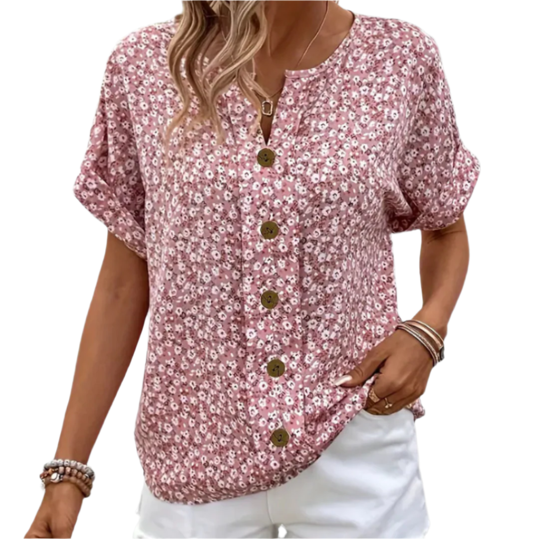 Dam Blus Av Lätt Tyg Med Blommönster Och Träknappar 0