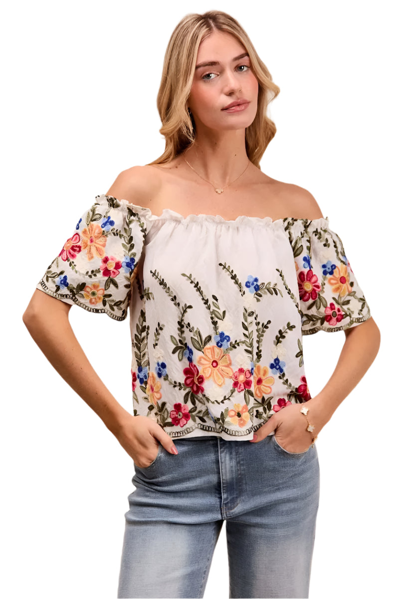 Dam Blus Off The Shoulder Blommönstrad Broderad Rayon Polyester 0