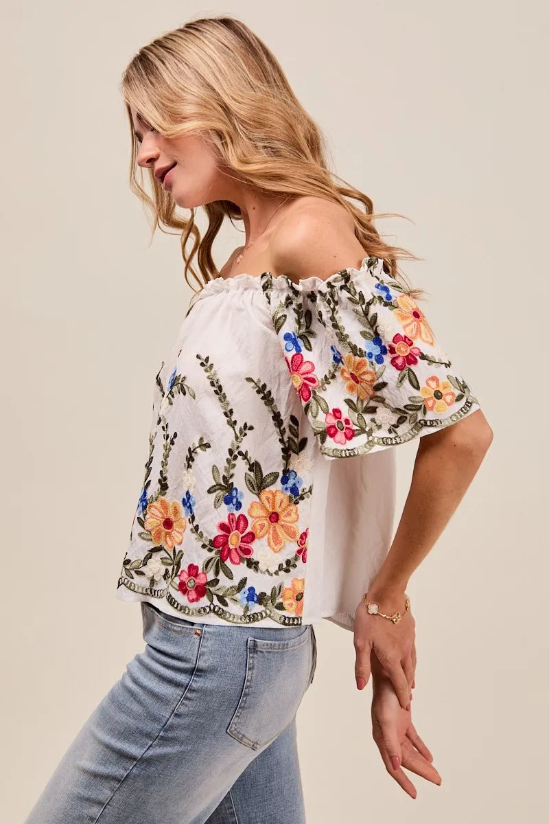 Dam Blus Off The Shoulder Blommönstrad Broderad Rayon Polyester 2