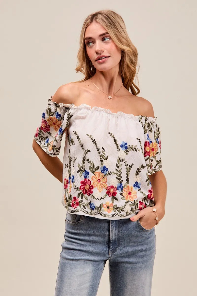 Dam Blus Off The Shoulder Blommönstrad Broderad Rayon Polyester 3