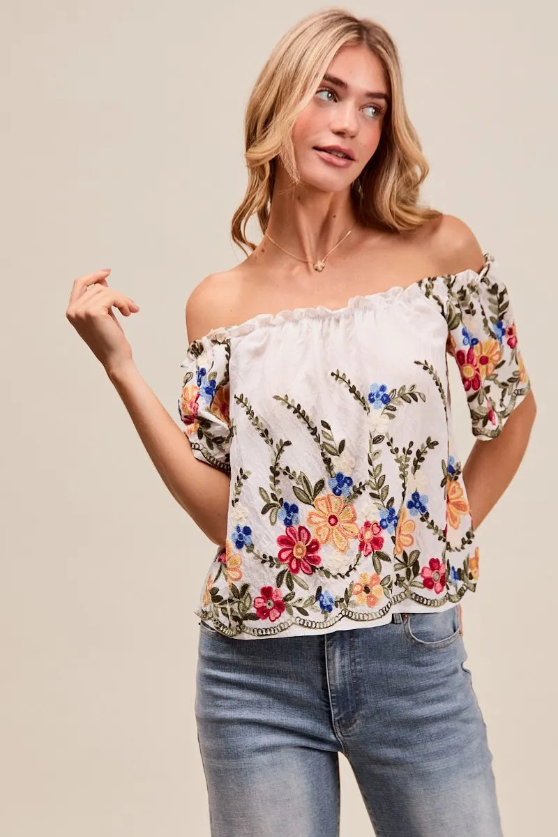 Dam Blus Off The Shoulder Blommönstrad Broderad Rayon Polyester 4