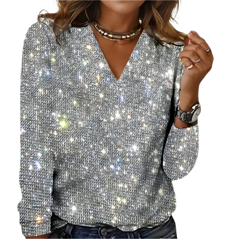 Dam Blus V-ringad Glittrande Design 0