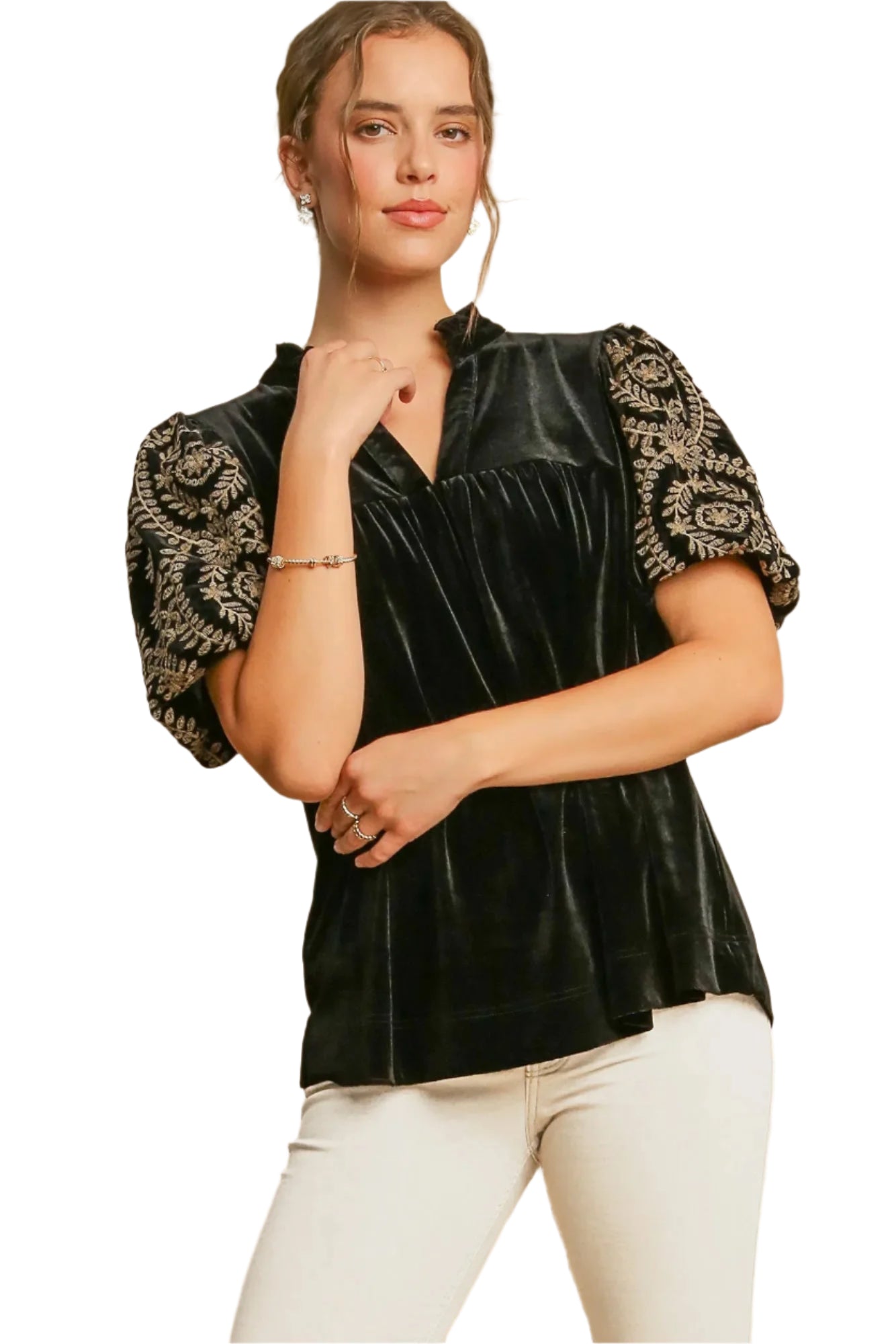 Dam Blus med Broderade Ärmar i Sammet Ruched Design 0