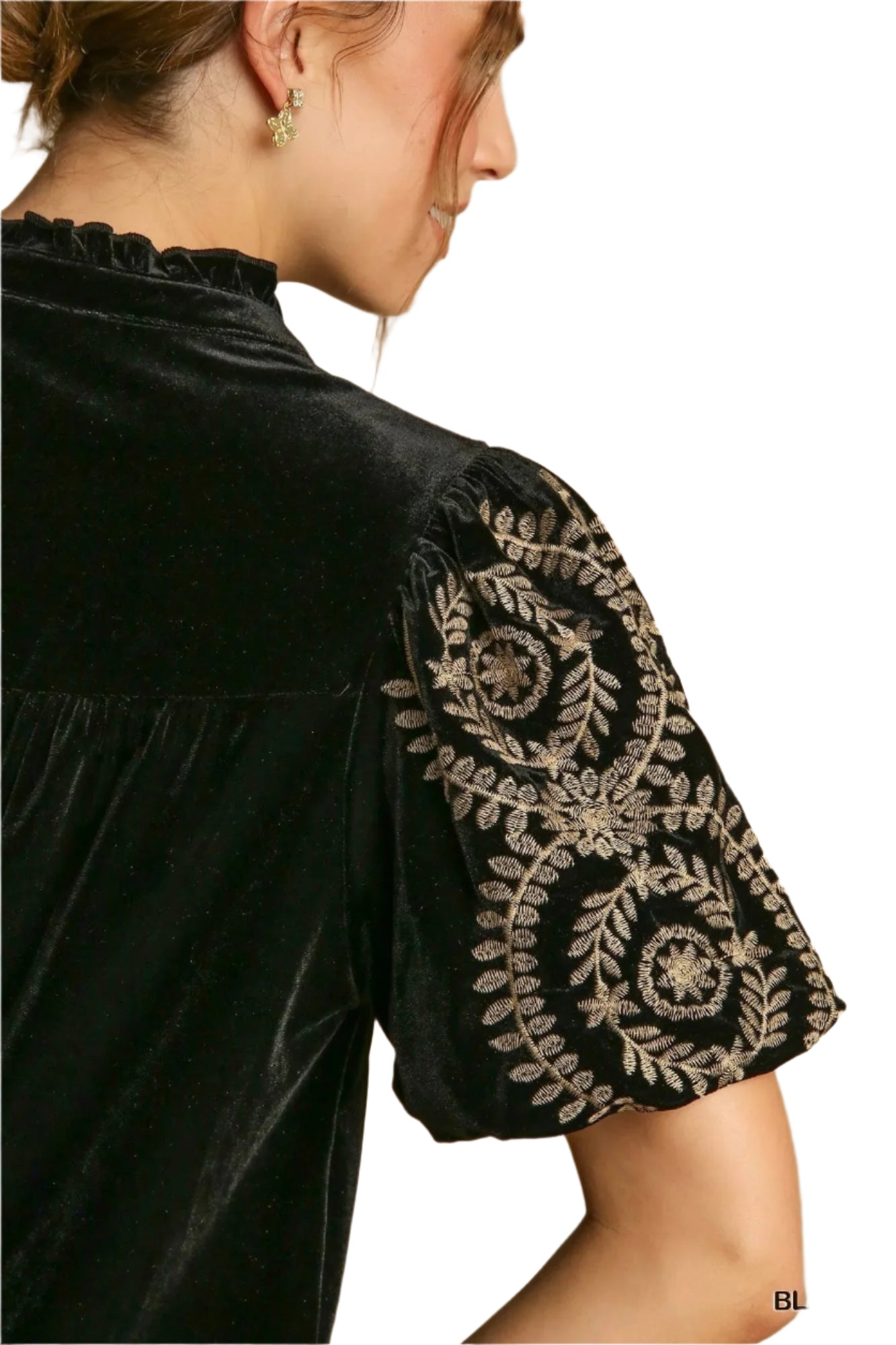 Dam Blus med Broderade Ärmar i Sammet Ruched Design 3