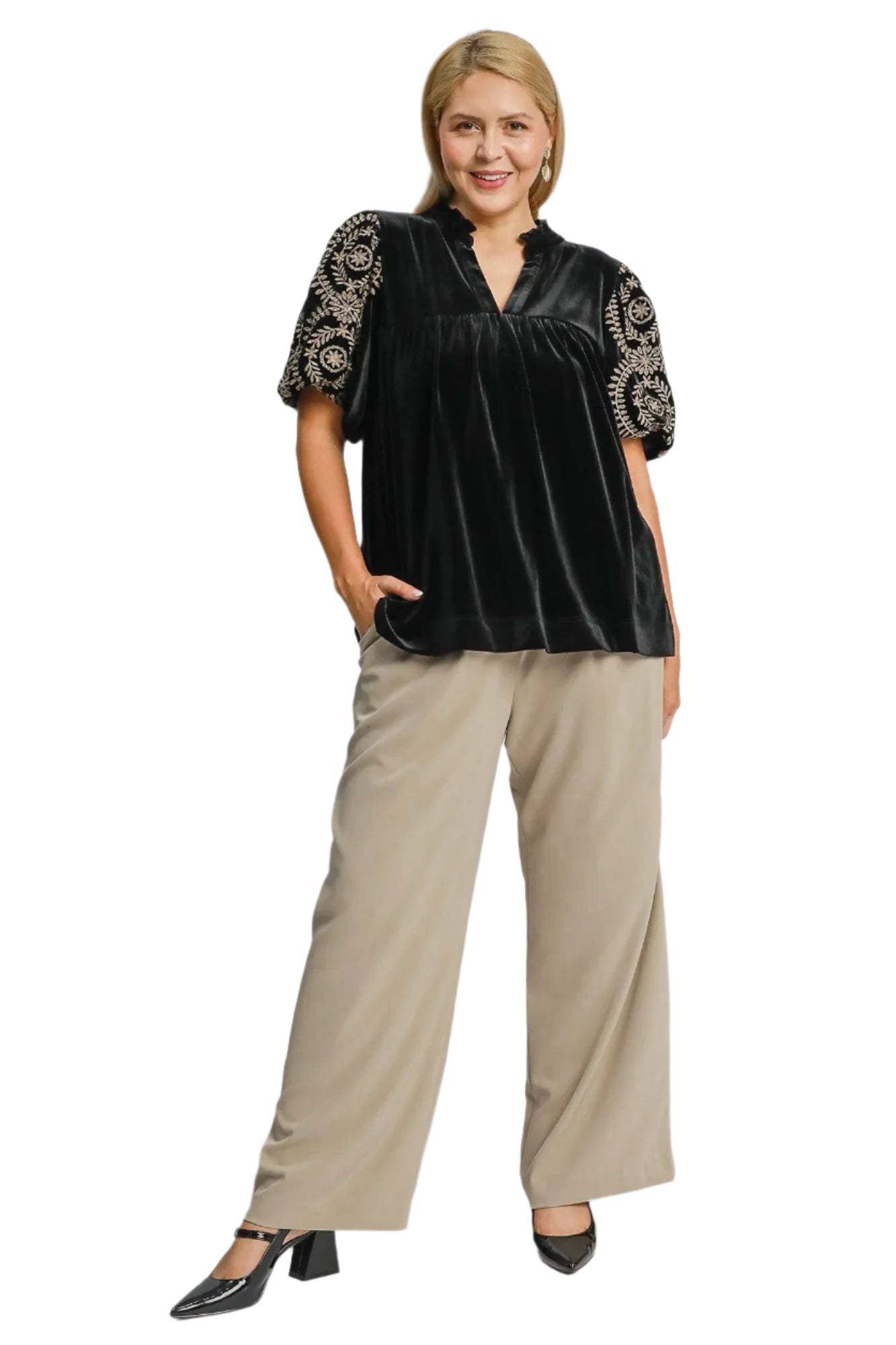 Dam Blus med Broderade Ärmar i Sammet Ruched Design 4