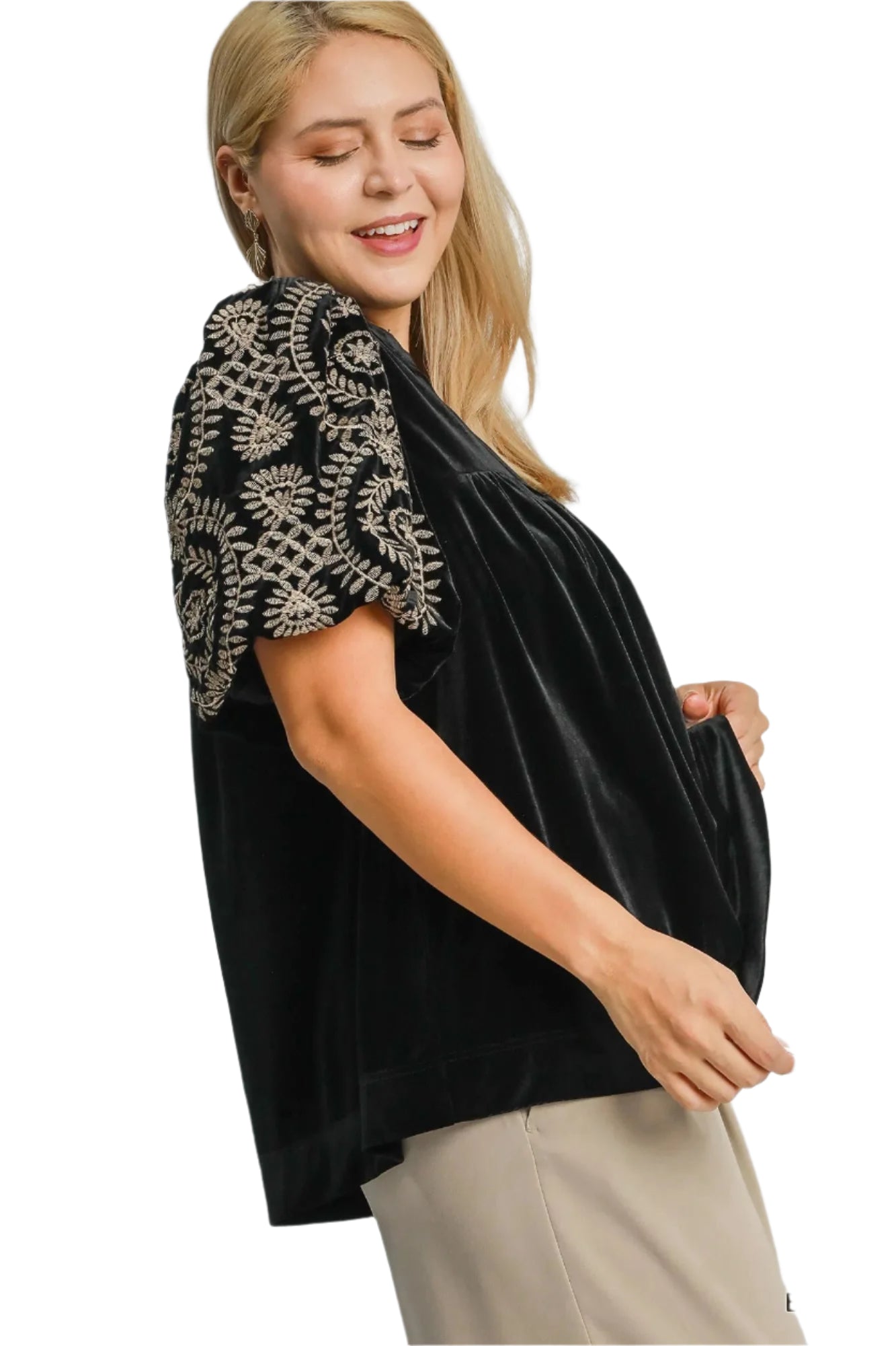 Dam Blus med Broderade Ärmar i Sammet Ruched Design 6