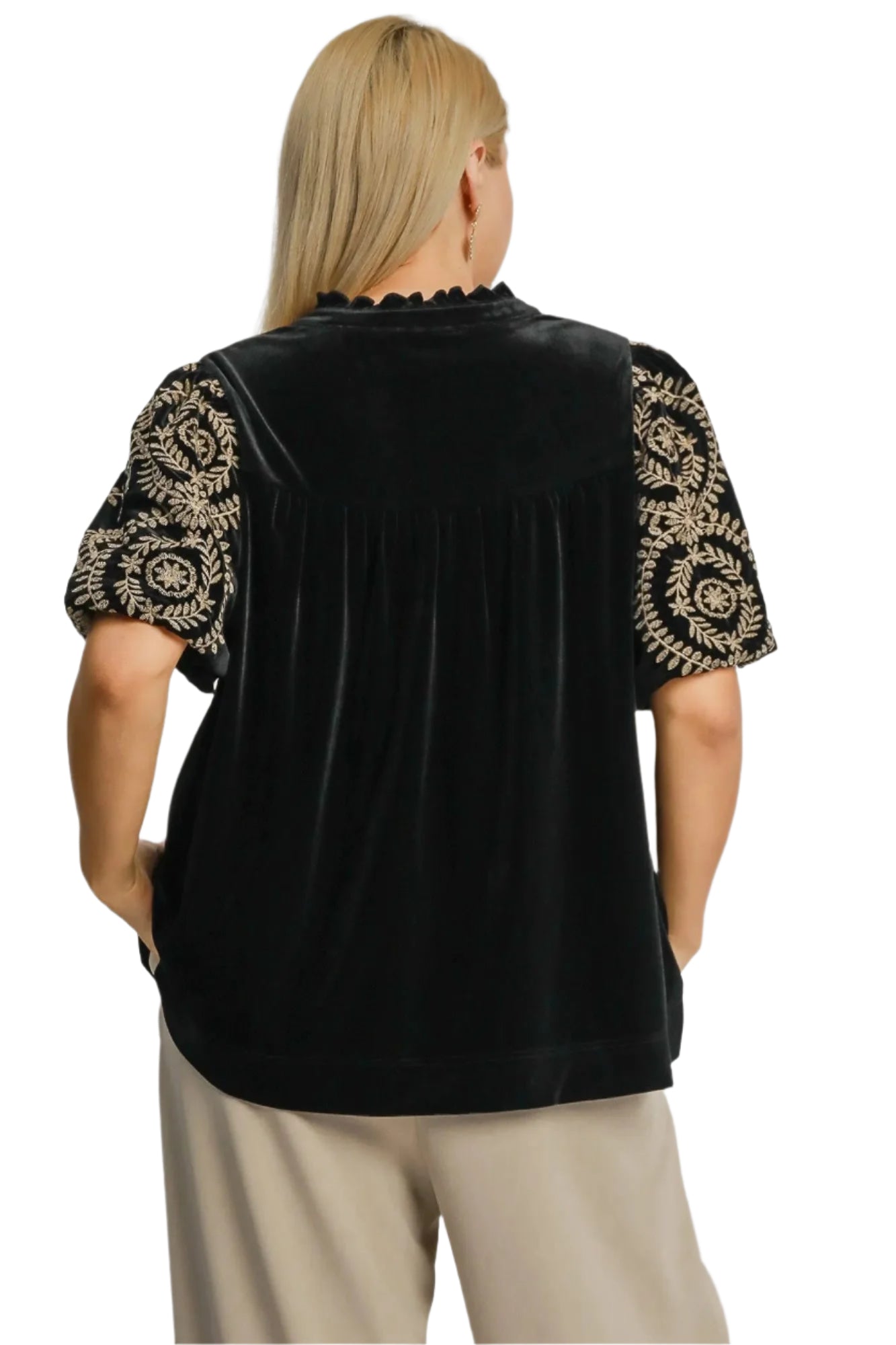 Dam Blus med Broderade Ärmar i Sammet Ruched Design 7