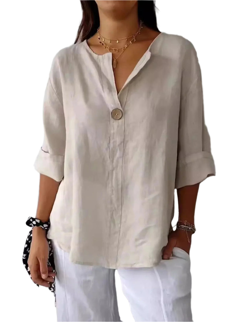 Dam Blus med Notch och Linneblandning Plus Size 0