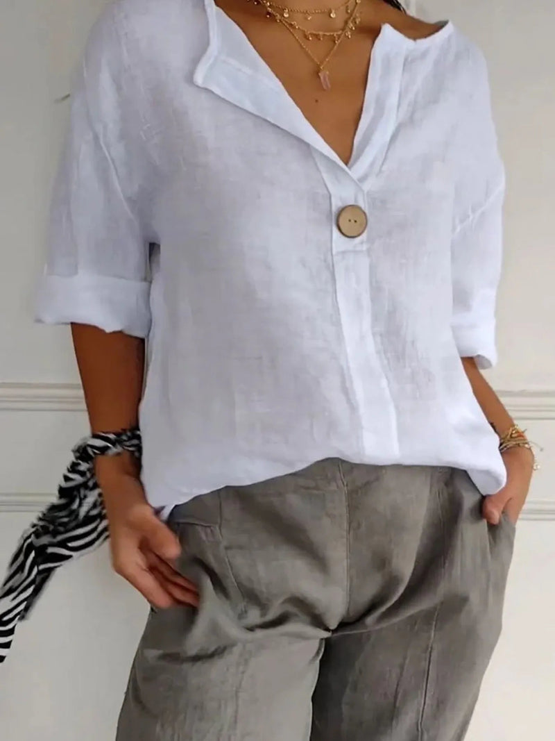 Dam Blus med Notch och Linneblandning Plus Size 11