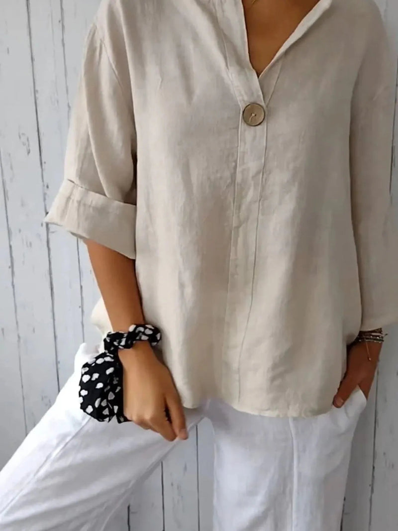 Dam Blus med Notch och Linneblandning Plus Size 1