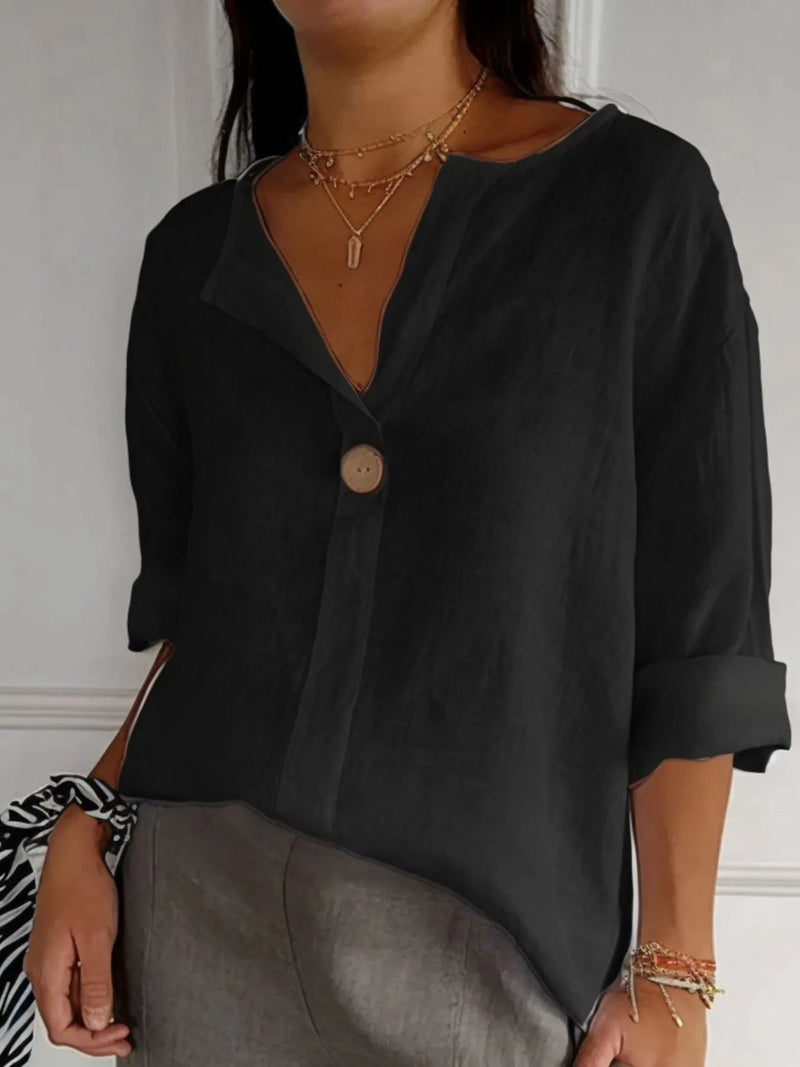 Dam Blus med Notch och Linneblandning Plus Size 4