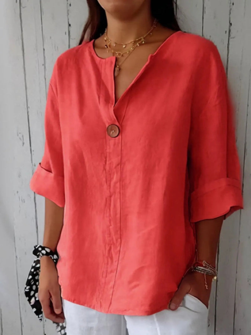 Dam Blus med Notch och Linneblandning Plus Size 9