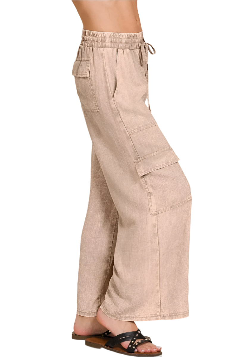 Dam Cargo Byxor i Tvättad Linne med Elastisk Midja 2