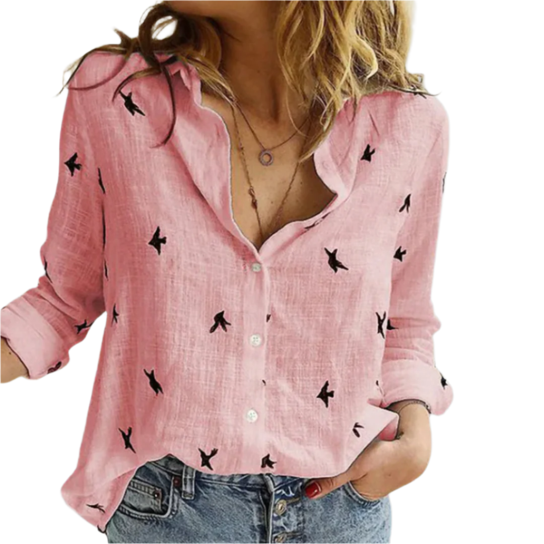 Dam Chemise Boutonnée med Fågeltryck i Mjuk Bomull 0