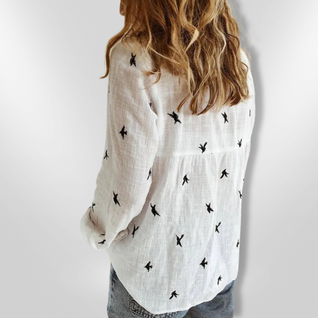 Dam Chemise Boutonnée med Fågeltryck i Mjuk Bomull 3