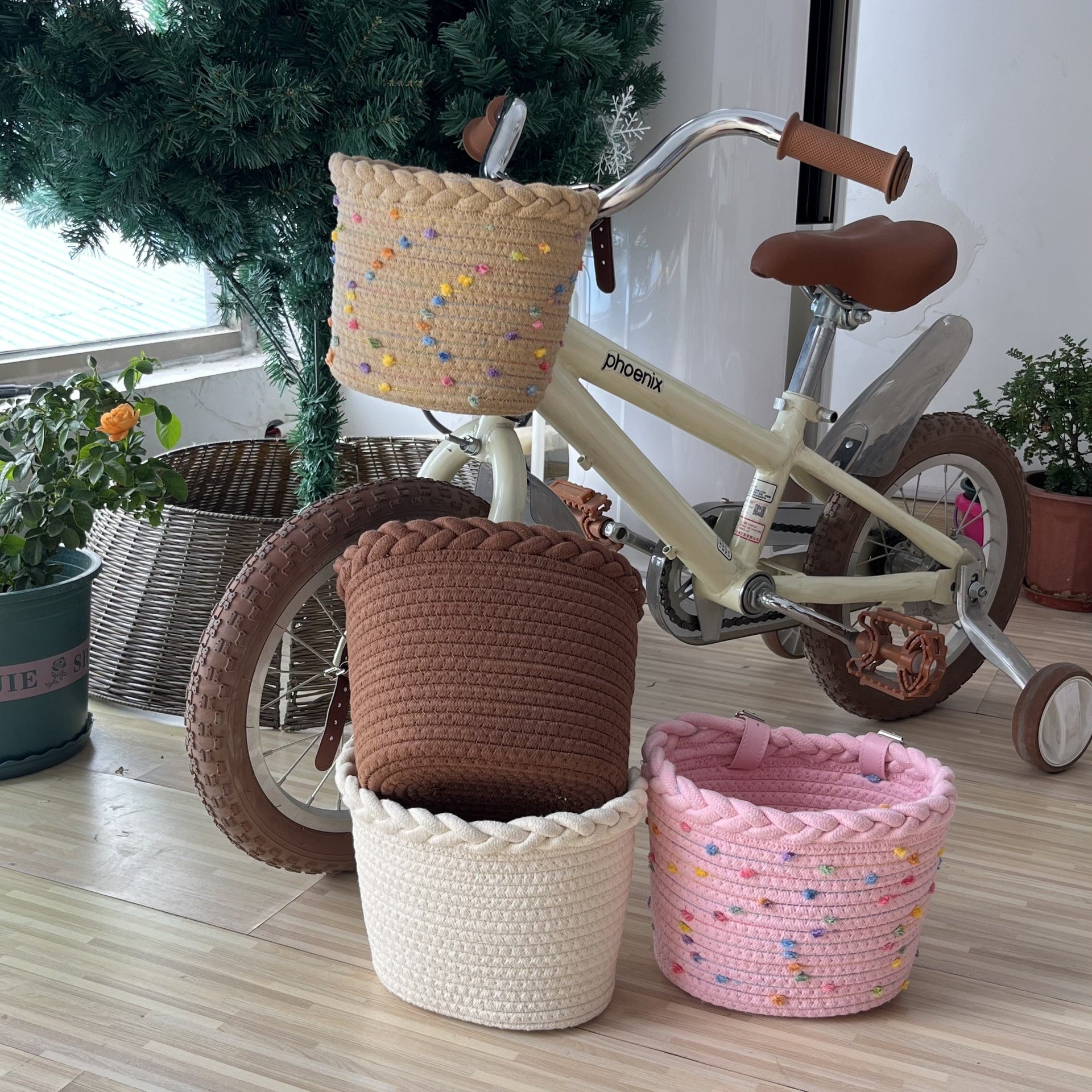 Dam Cykelkorg Flätad med Pom Pom och Justerbara Remmar 4