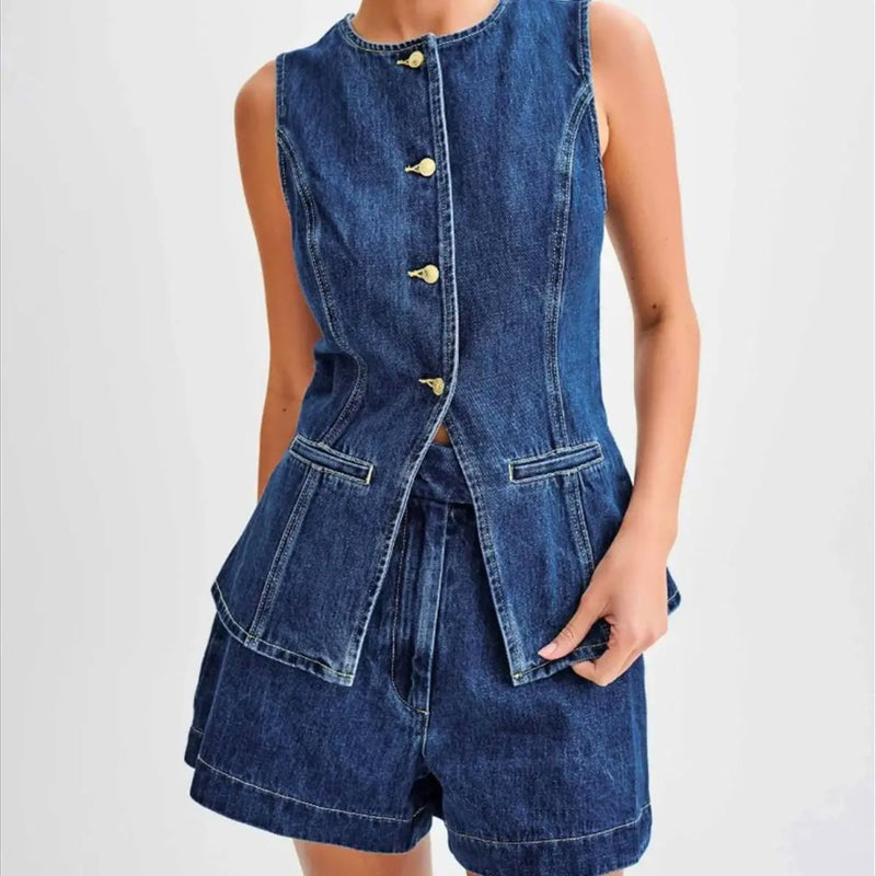 Dam Denim Set Med Ärmlös Topp Och Högmidjade Shorts 2