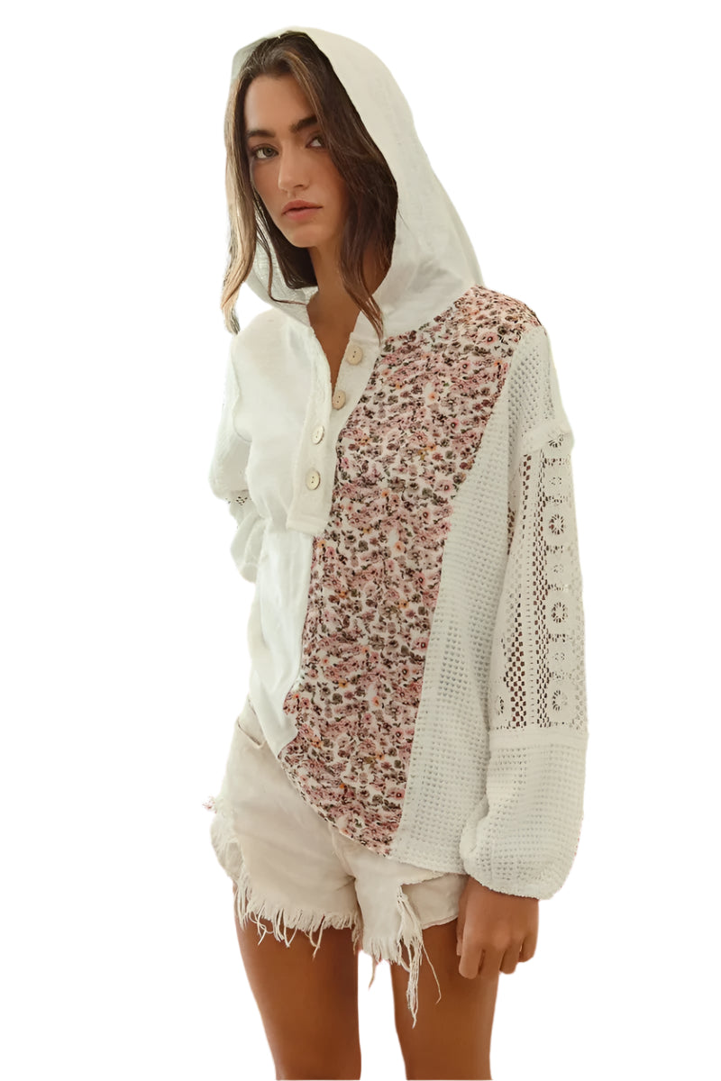 Dam Hoodie Top Med Spetsdetaljer Knappdesign Slub Jersey 0