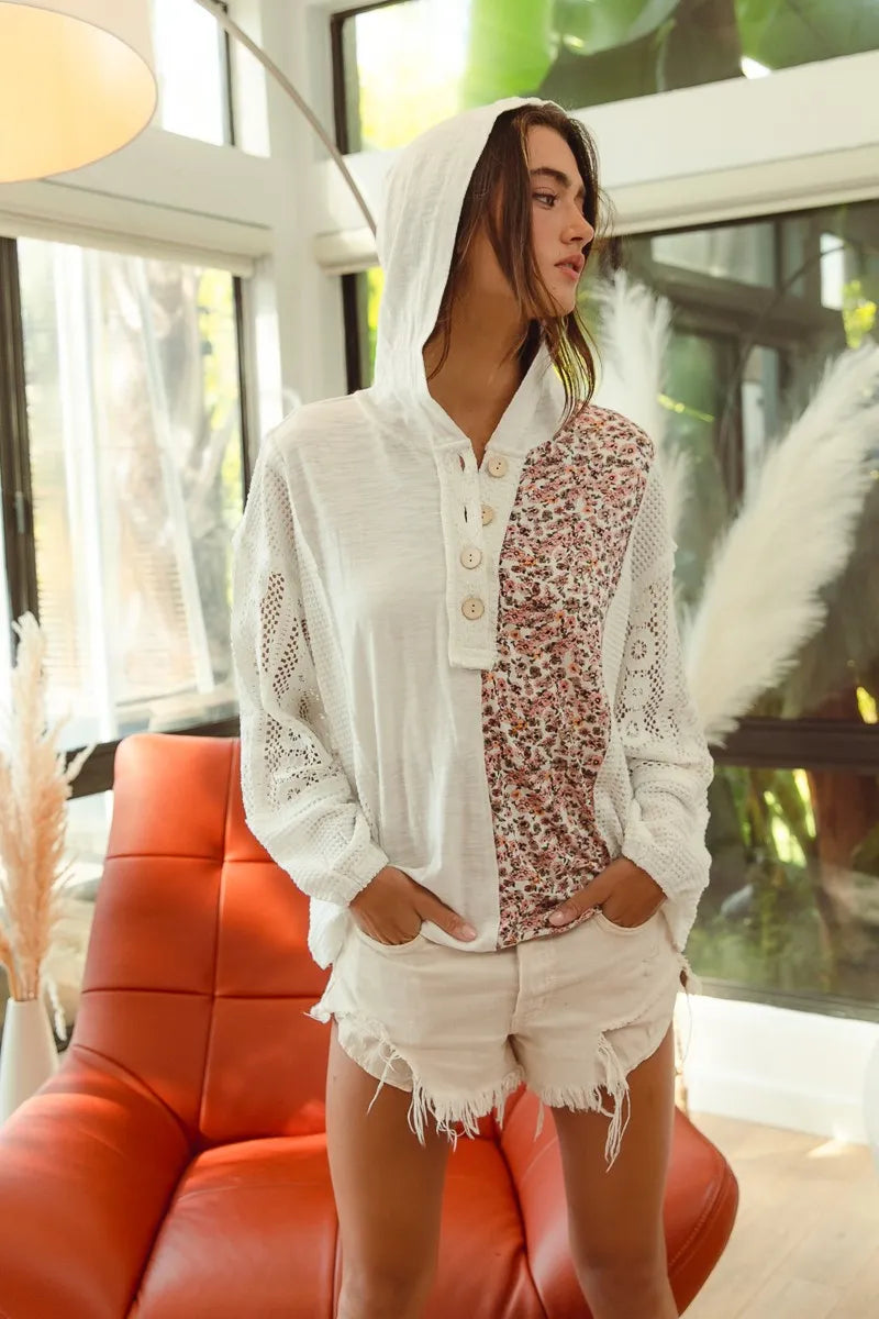 Dam Hoodie Top Med Spetsdetaljer Knappdesign Slub Jersey 5