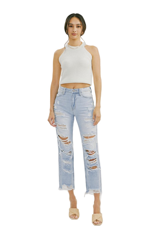Dam Jeans Hög Midja Distressed Ljus Denim 0