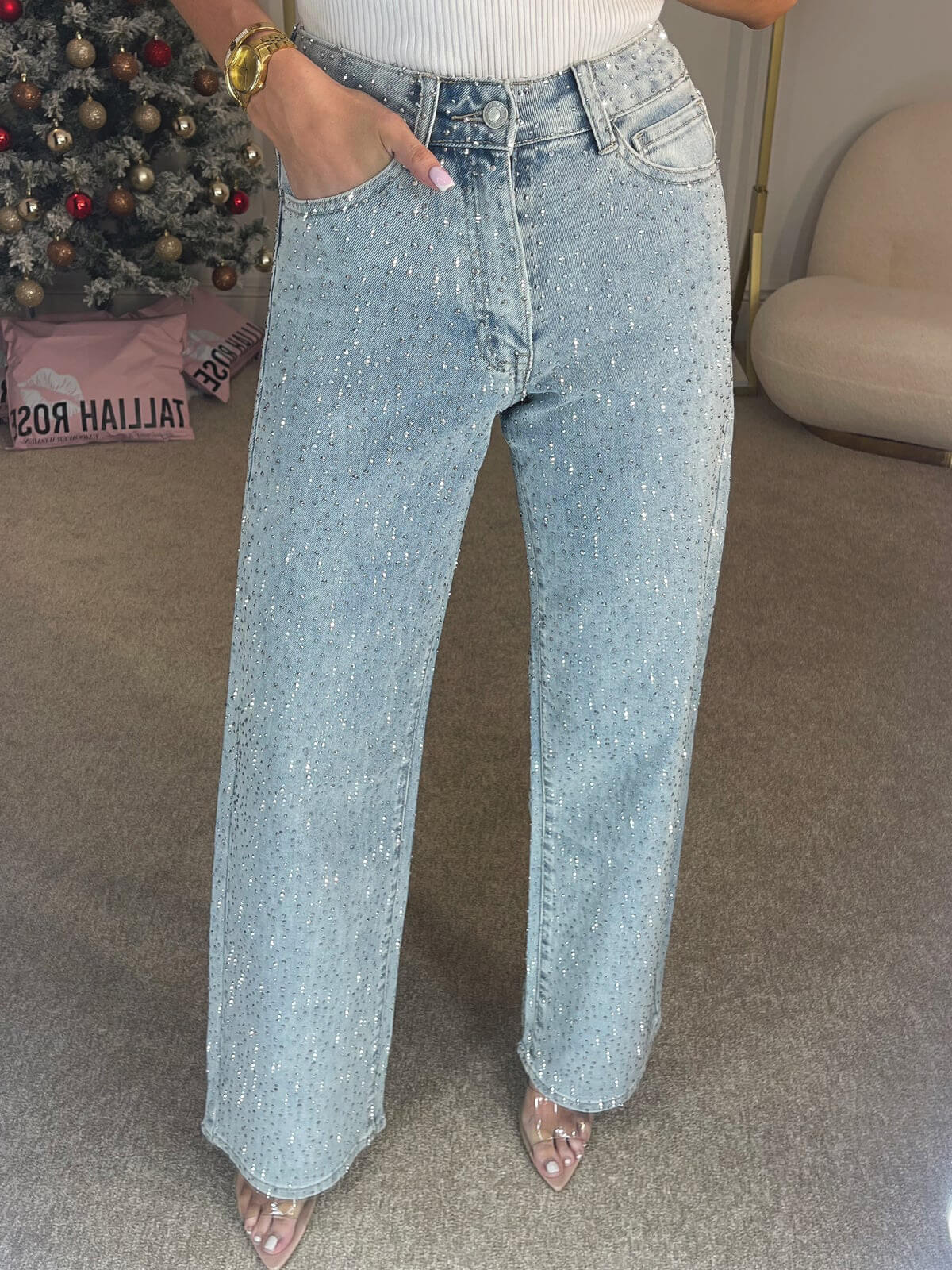 Dam Jeans Hög Midja med Glittrande Detaljer 4
