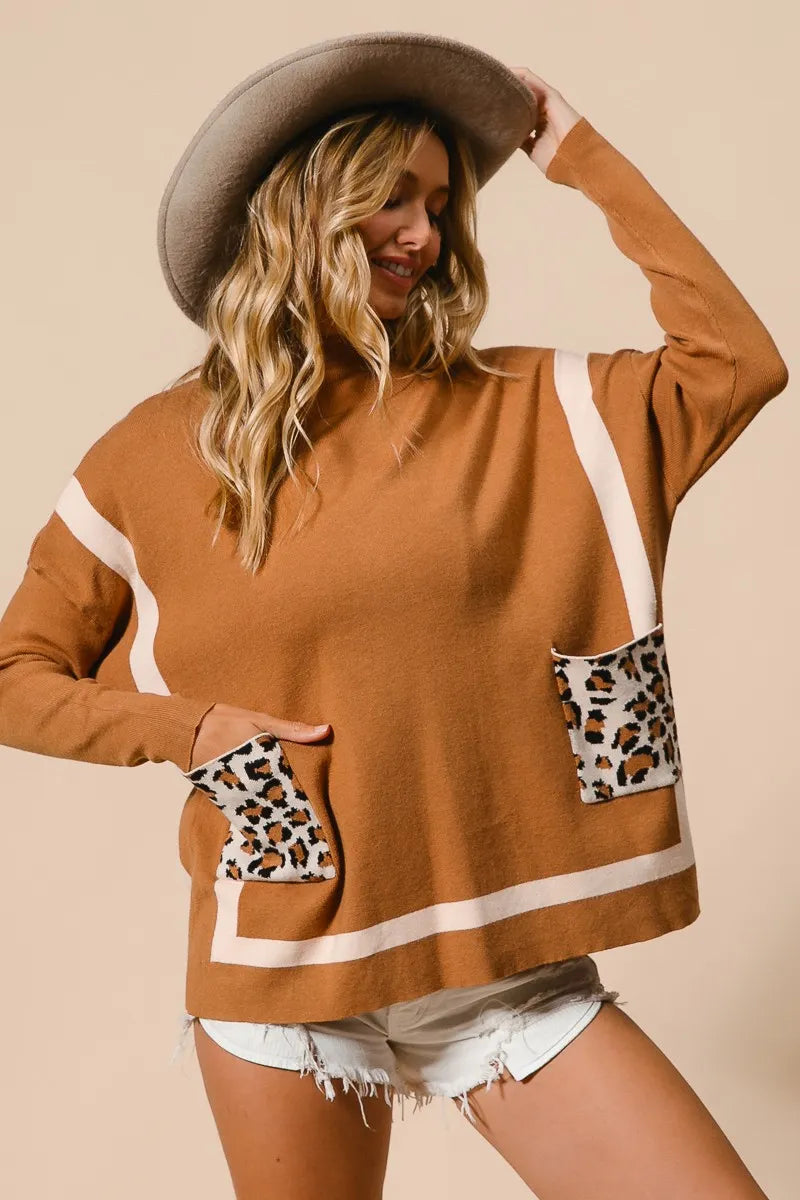 Dam Mock Neck Tröja med Leopardficka 4