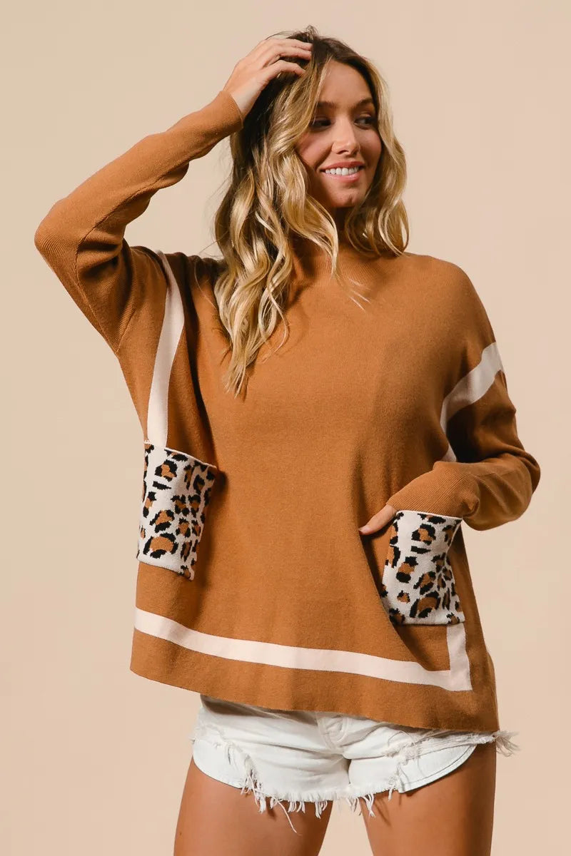 Dam Mock Neck Tröja med Leopardficka 5