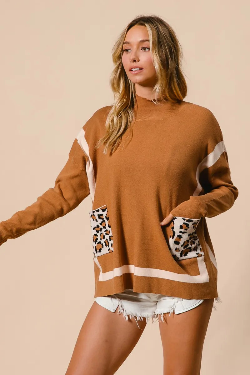 Dam Mock Neck Tröja med Leopardficka 6