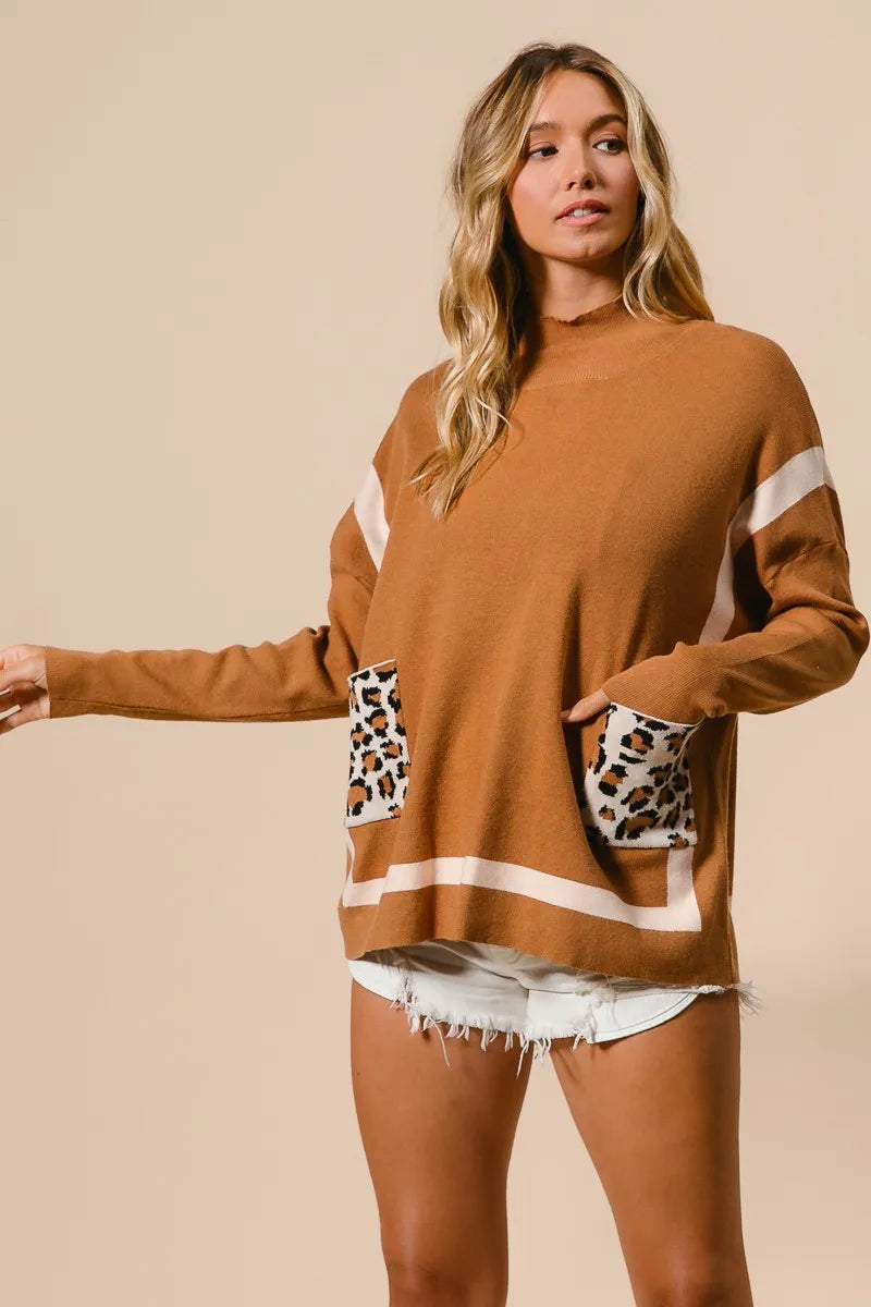 Dam Mock Neck Tröja med Leopardficka 8