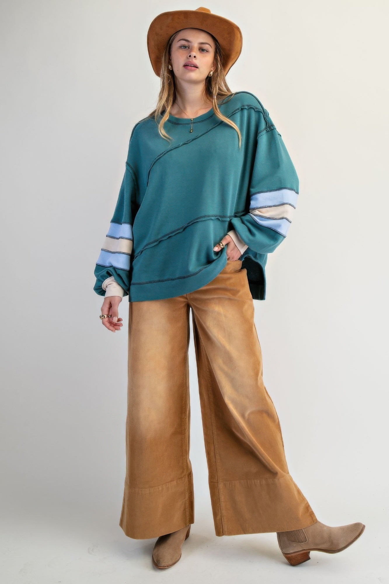 Dam Pullover Färgblockad Design Broderi Bomull 1