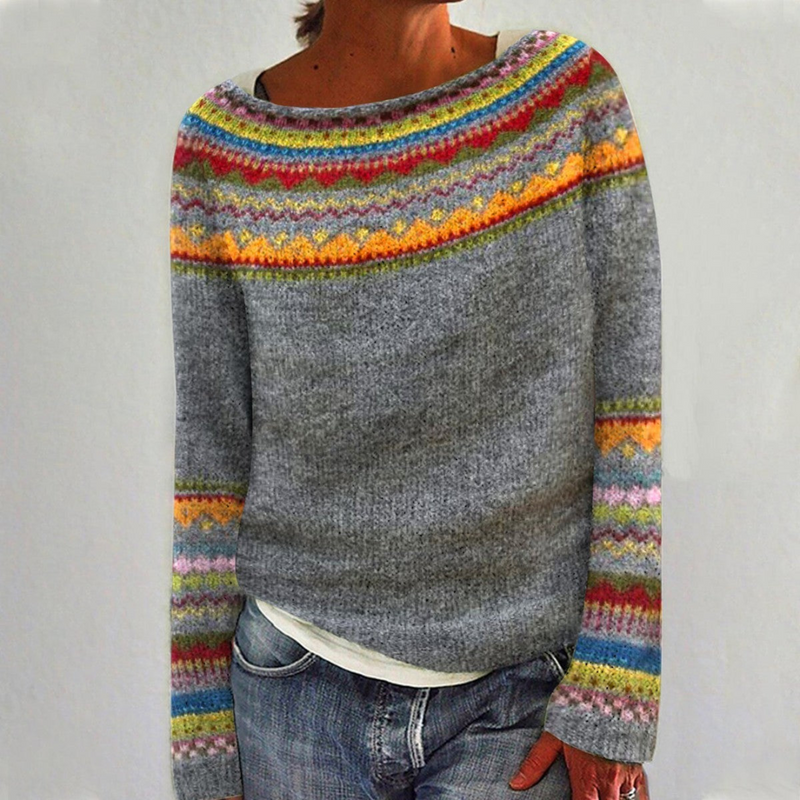 Dam Pullover Rundhals Vintage Stil Långärmad Mjuk Fiber 1