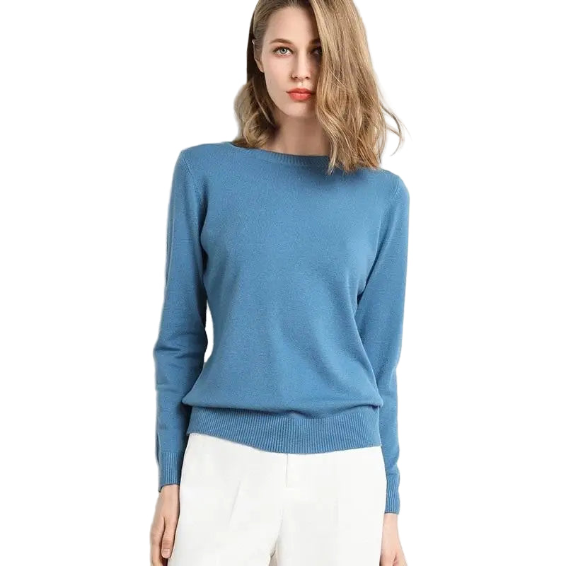 Dam Stickad Tröja O-Hals Merinoull Långärmad Pullover 0