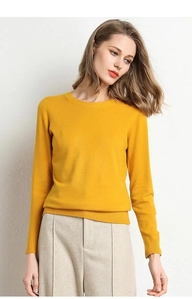 Dam Stickad Tröja O-Hals Merinoull Långärmad Pullover 13
