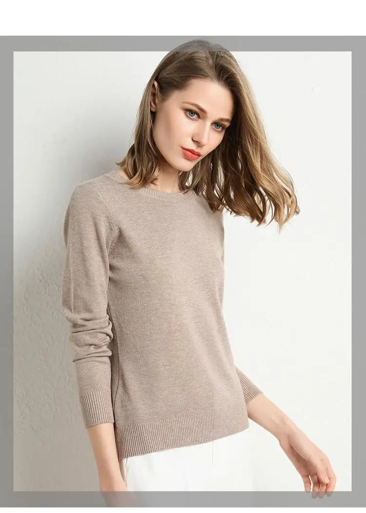 Dam Stickad Tröja O-Hals Merinoull Långärmad Pullover 21
