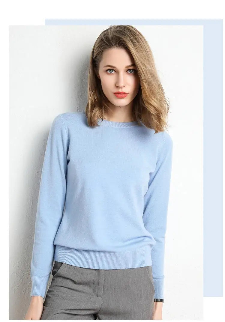 Dam Stickad Tröja O-Hals Merinoull Långärmad Pullover 23