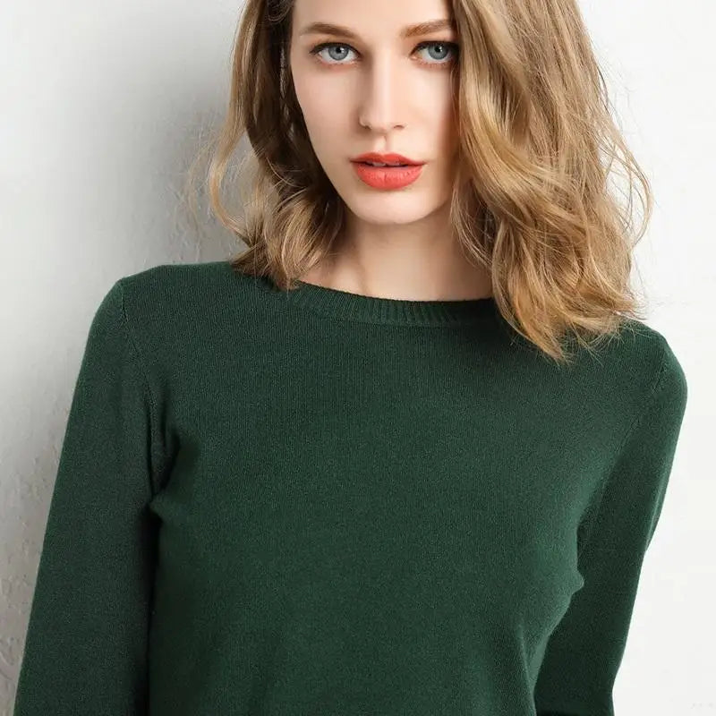 Dam Stickad Tröja O-Hals Merinoull Långärmad Pullover 4