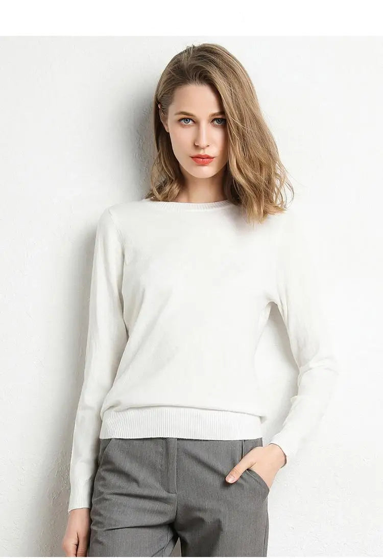 Dam Stickad Tröja O-Hals Merinoull Långärmad Pullover 8