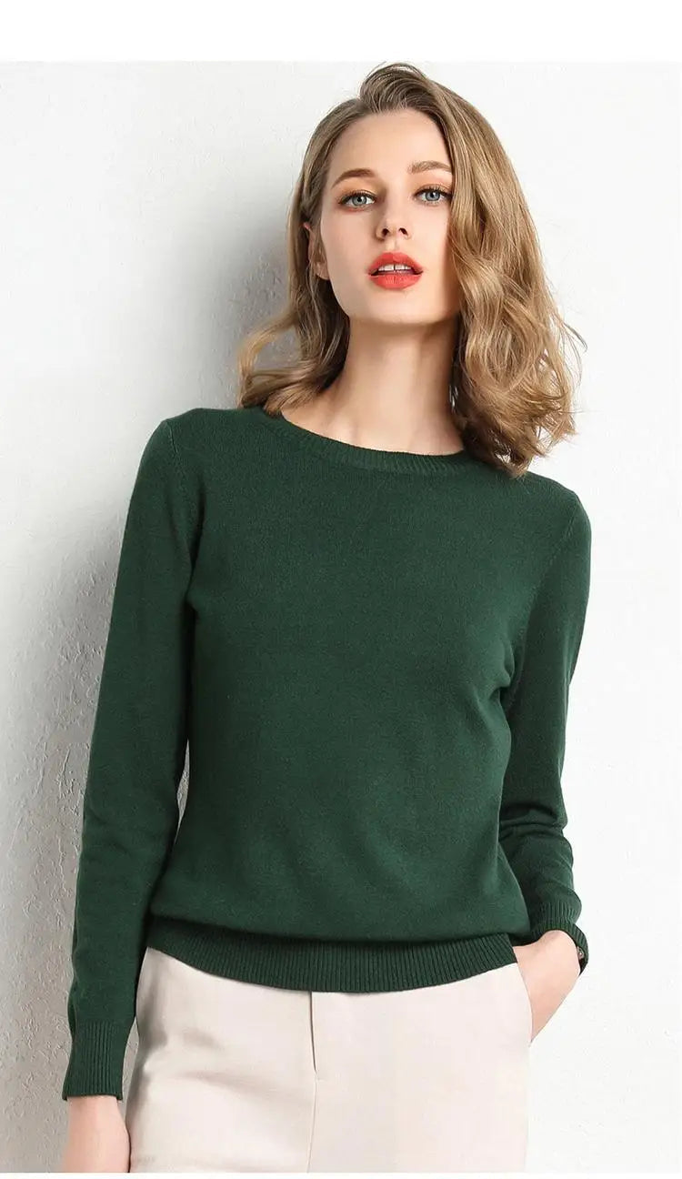 Dam Stickad Tröja O-Hals Merinoull Långärmad Pullover 9