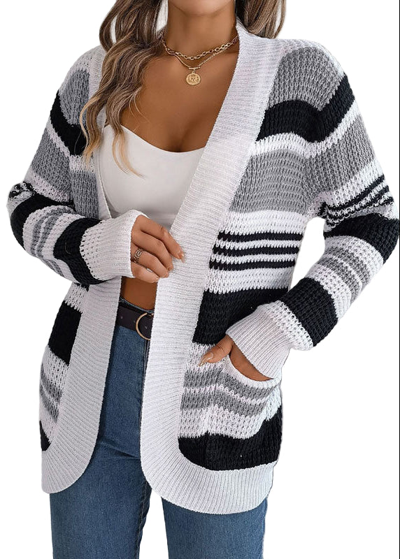 Dam Stickad Tröja Randig Med Fickor 0