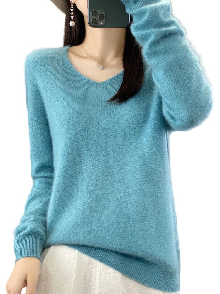 Dam Stickad Tröja V-ringad Merinoull Långärmad 0