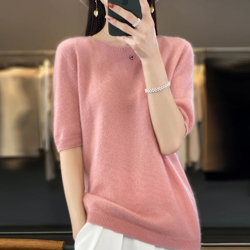 Dam T-shirt O-halsad Kortärmad Merinoull Pullover 4
