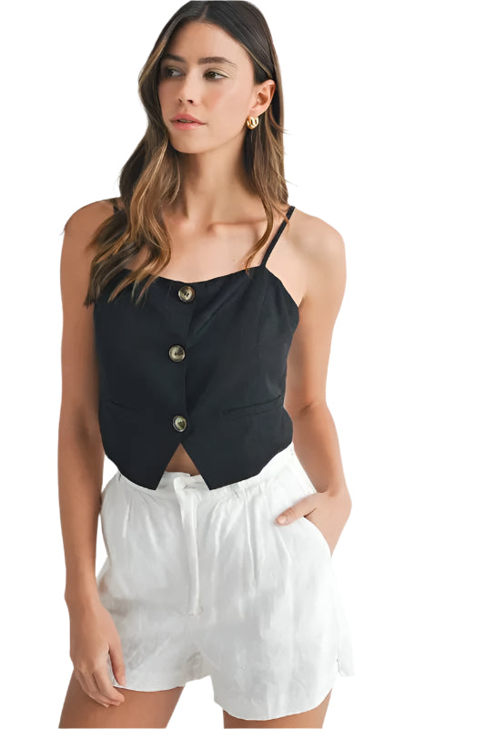 Dam Tank Top Knappad Crop Linne 0