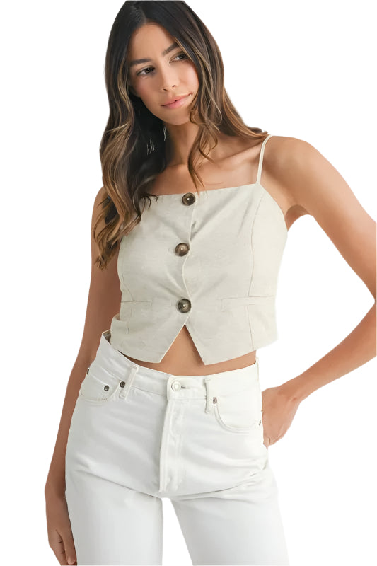 Dam Topp Crop Längd Knappdesign Linneblandning 0