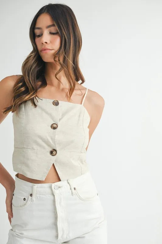 Dam Topp Crop Längd Knappdesign Linneblandning 1