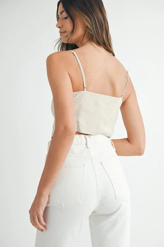 Dam Topp Crop Längd Knappdesign Linneblandning 2