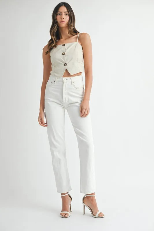 Dam Topp Crop Längd Knappdesign Linneblandning 3