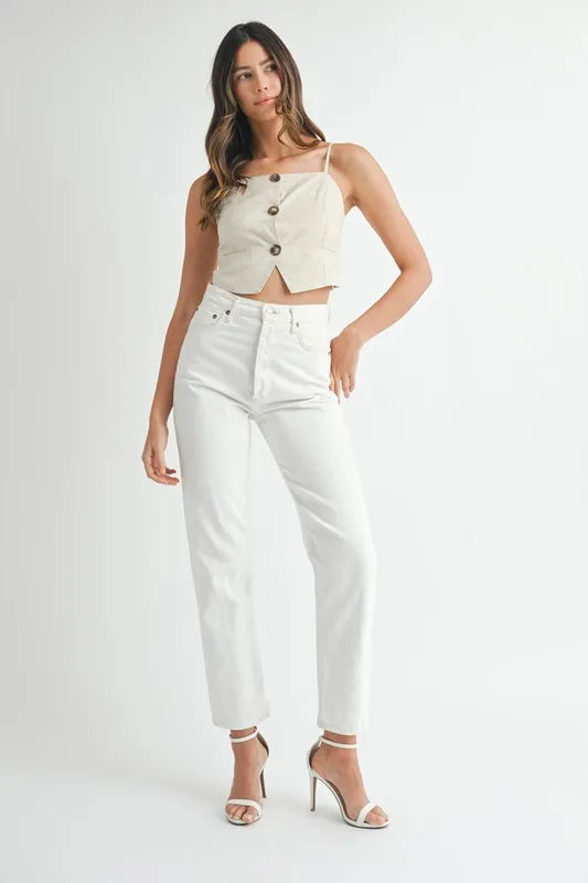 Dam Topp Crop Längd Knappdesign Linneblandning 4