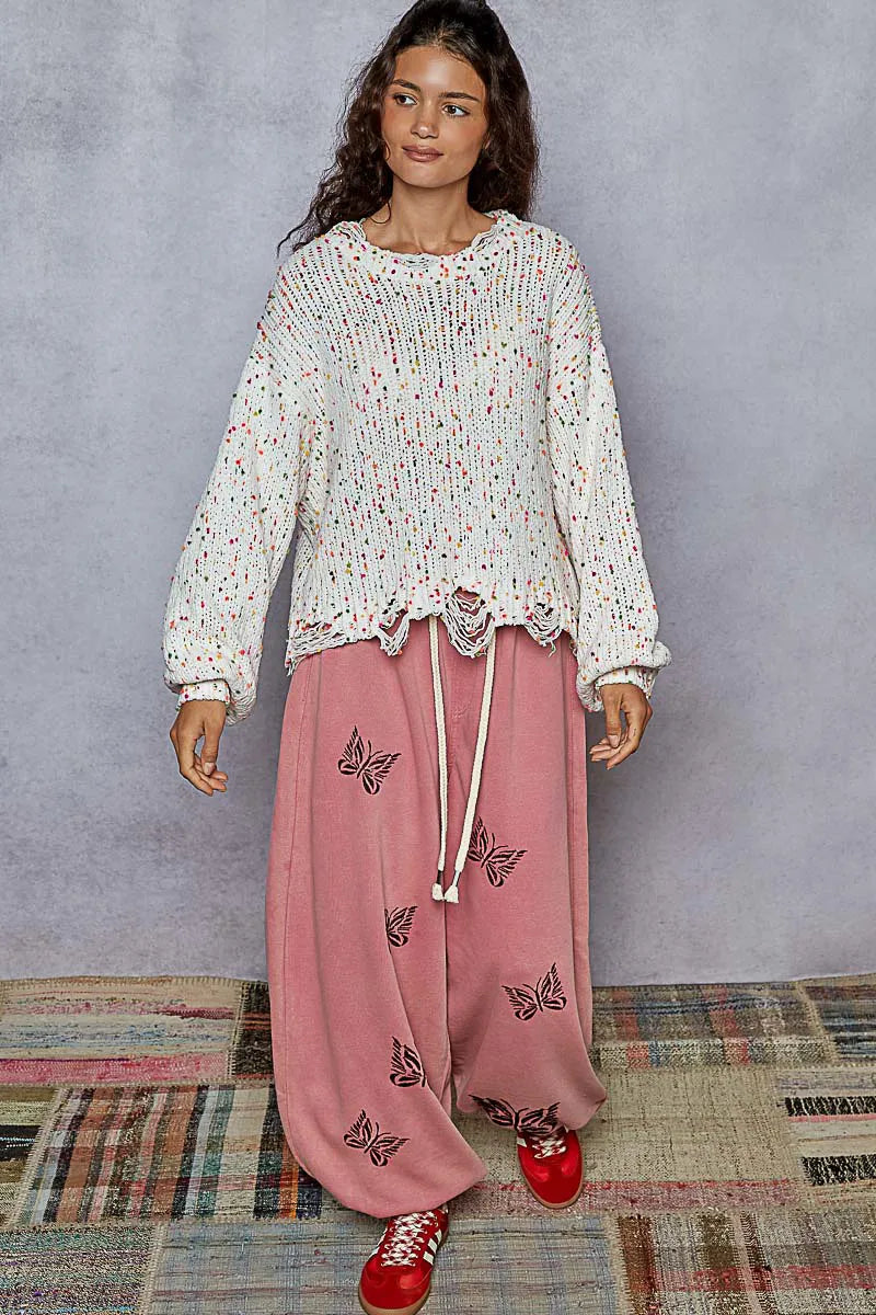 Dam Tröja Rundhalsad Långärmad med Fransar och Popcornstruktur 5