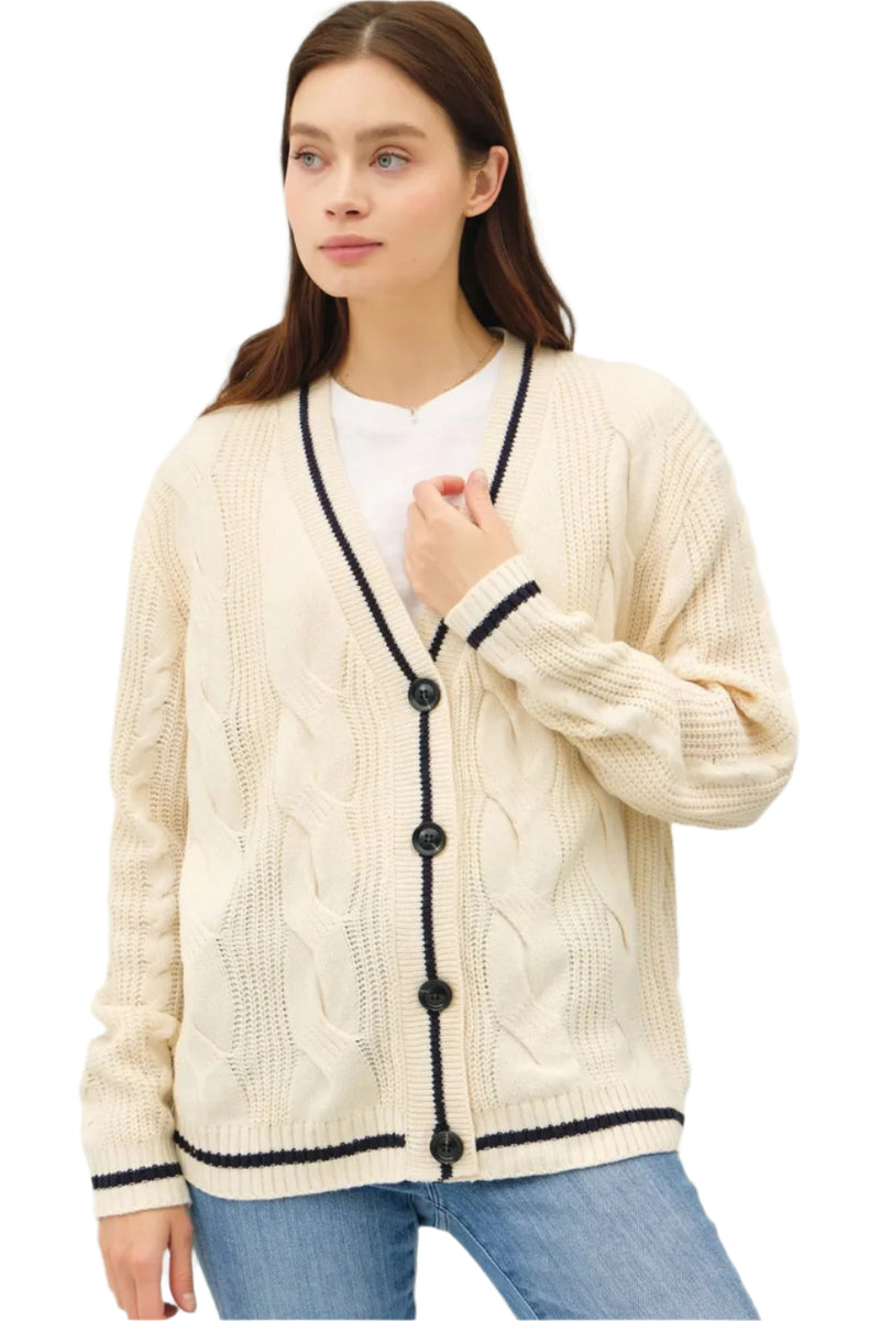 Dam V-Neck Cardigan med Kabelstickning och Kontrastdetaljer 0