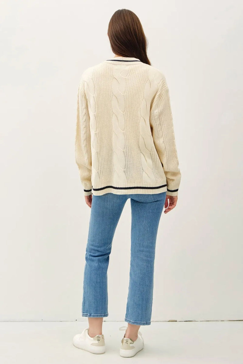 Dam V-Neck Cardigan med Kabelstickning och Kontrastdetaljer 1